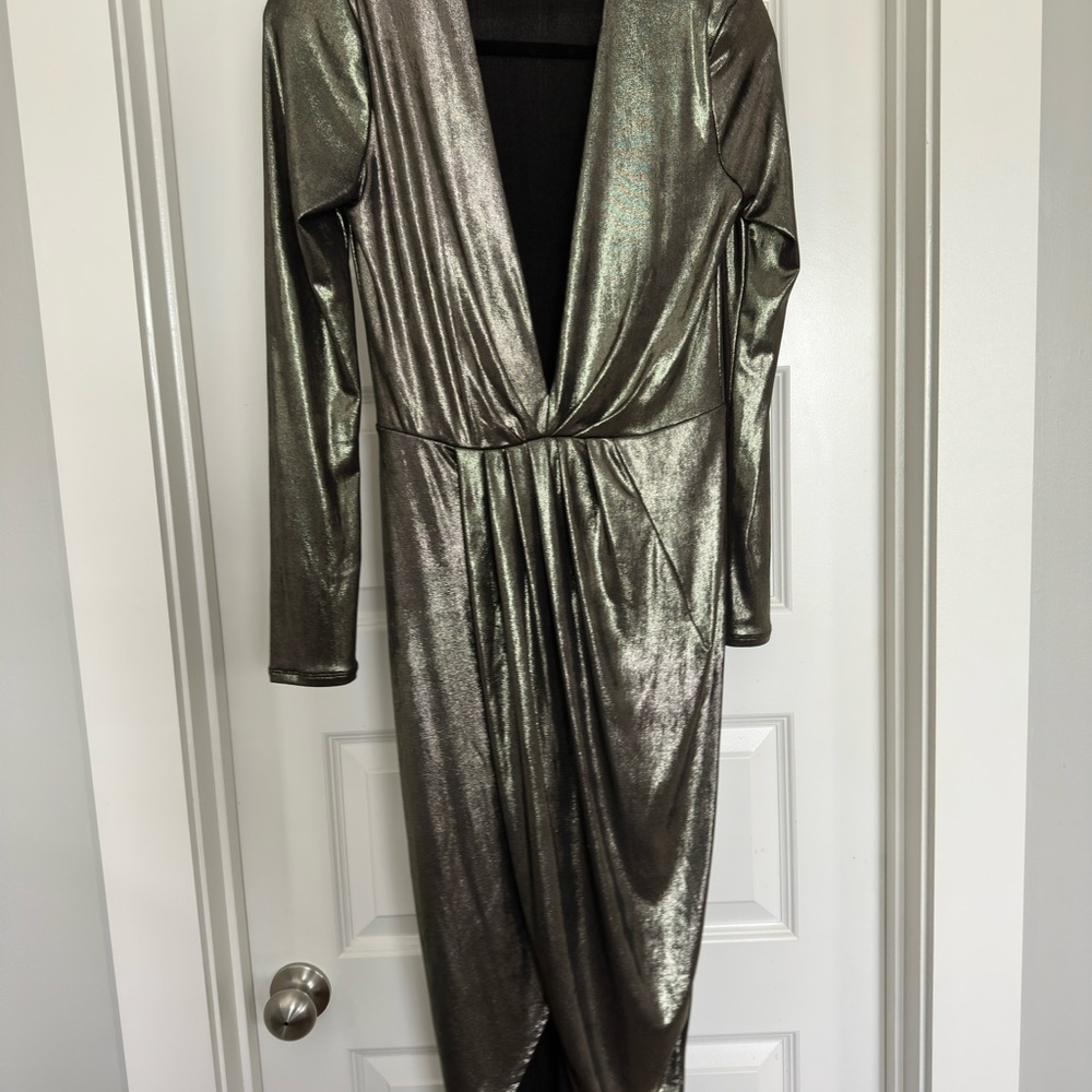 Express Metallic Long Sleeve Wrap Dress